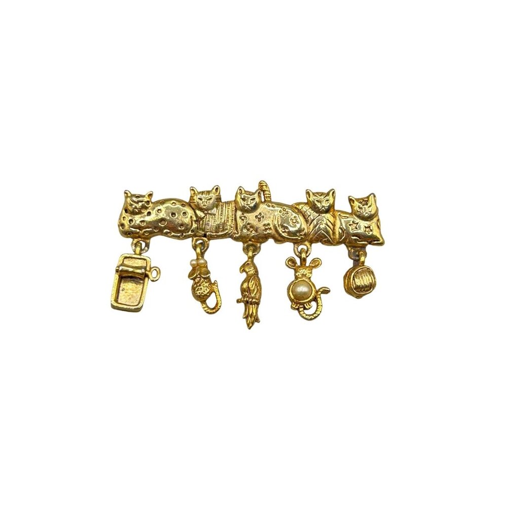 Vintage AJC Gold Tone Cats Brooch with Dangling Charms Hanging Ornaments